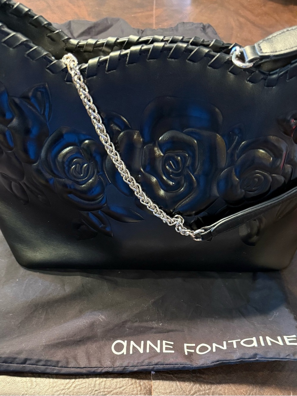 Anne Fontaine Black Embossed Rose Leather Shoulder Bag with Silver Chain